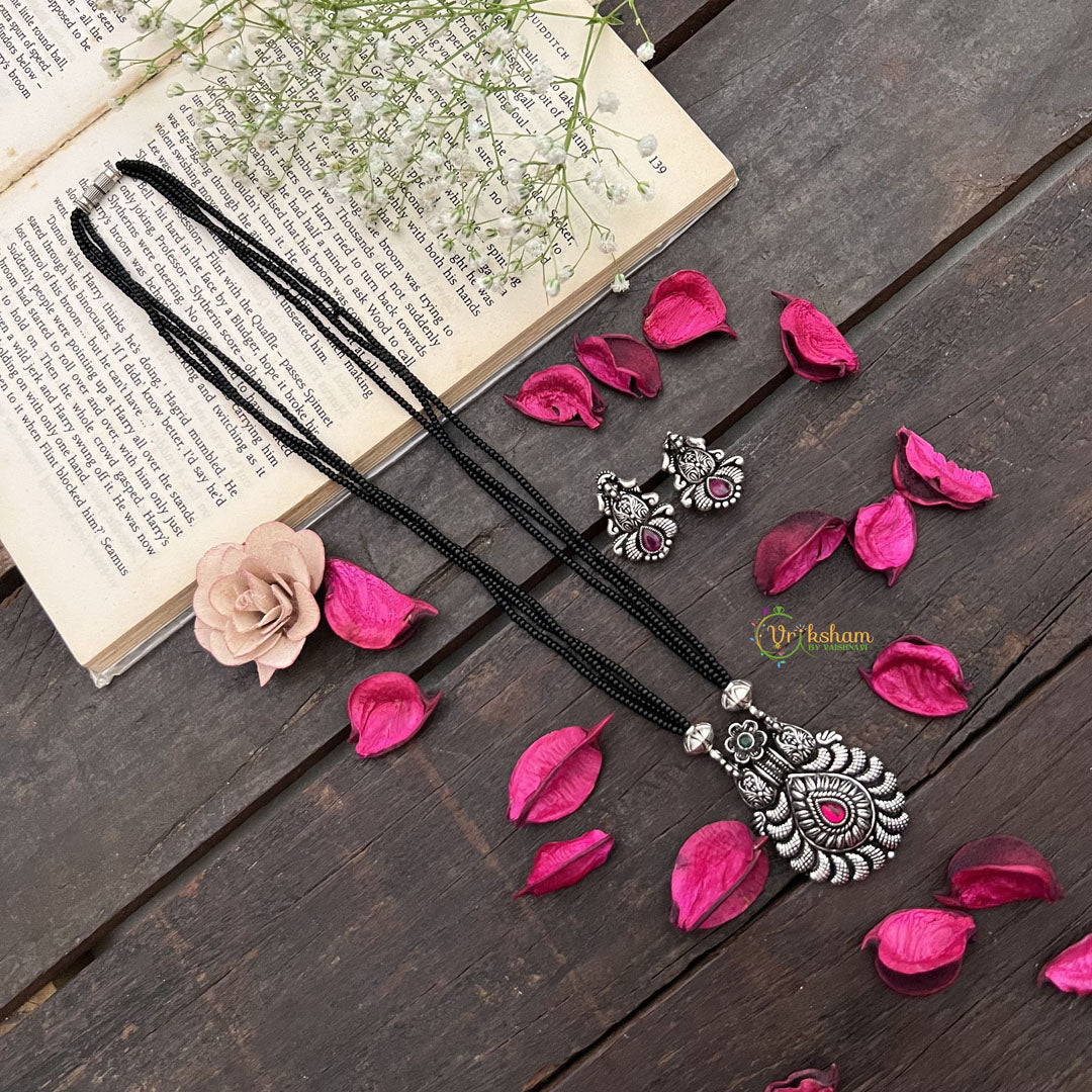 Vriksham Traditional Oxidized Silver Floral With Black Beaded Magalsutra-S992