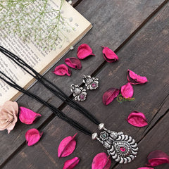 Vriksham Traditional Oxidized Silver Floral With Black Beaded Magalsutra-S992