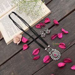 Vriksham Traditional Oxidized Silver Floral With Black Beaded Magalsutra-S992