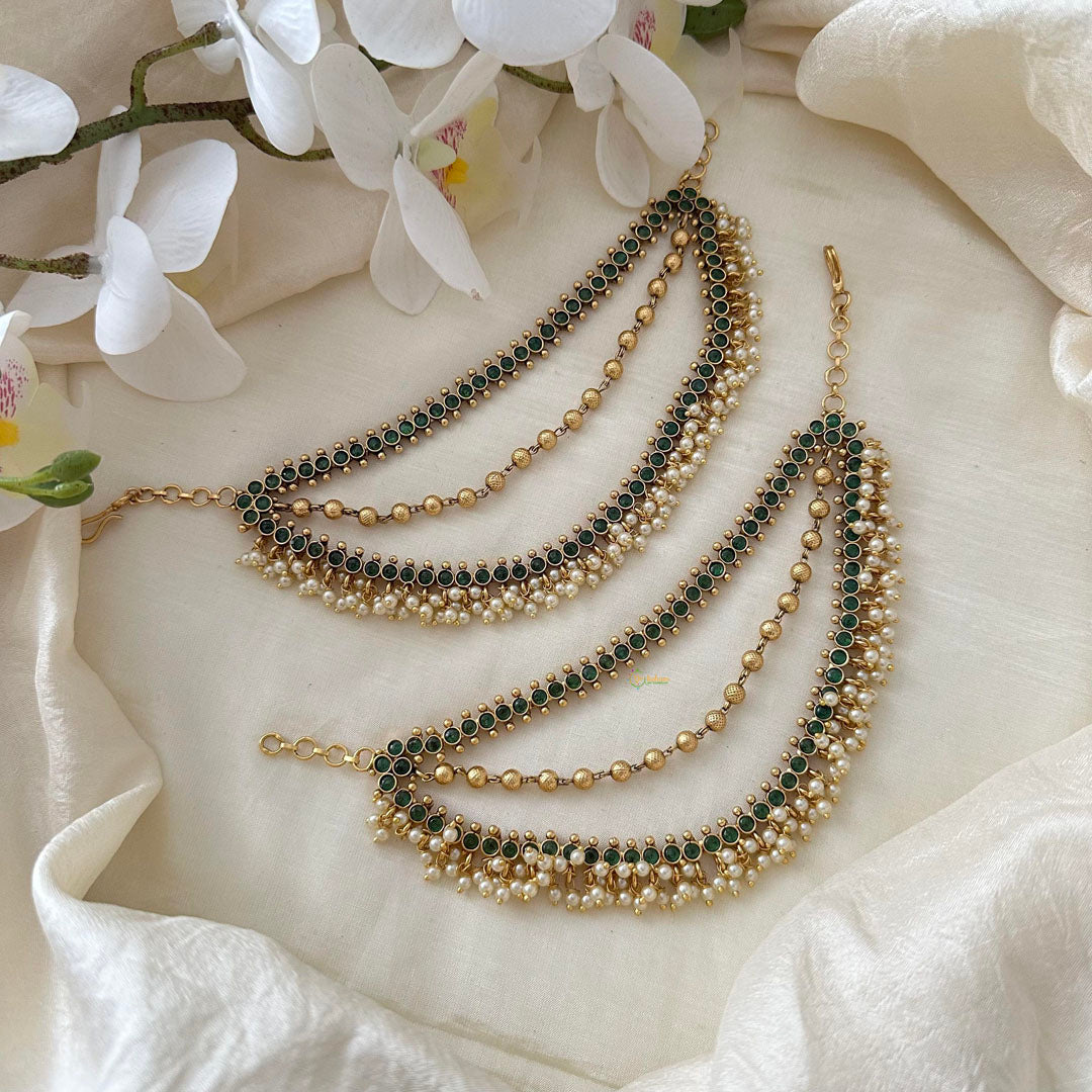 Premium Green AD Stone Layered Pearl Maatil-Ear Chain-G14232