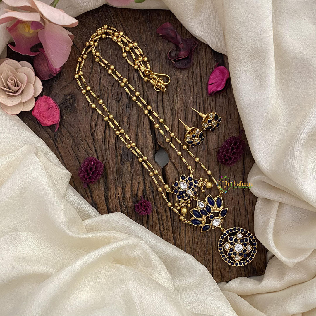 Vriksham 2 Layer Lotus Pendant Chain-Golden Bead-Blue-G15657