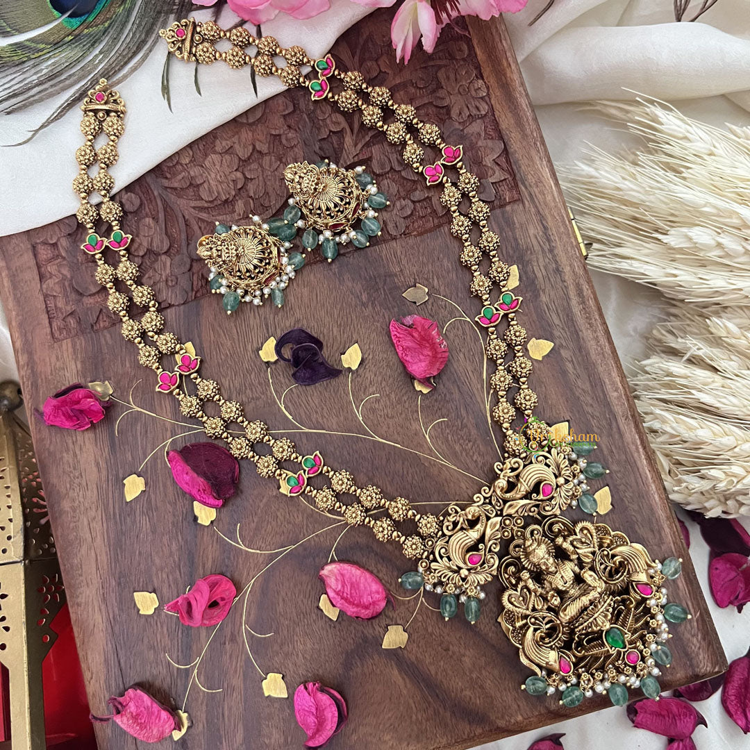 Vriksham Lakshmi With Dual Peacock 2 Layered Long Neckpiece-Red Green-Pastel Green Bead-G18105