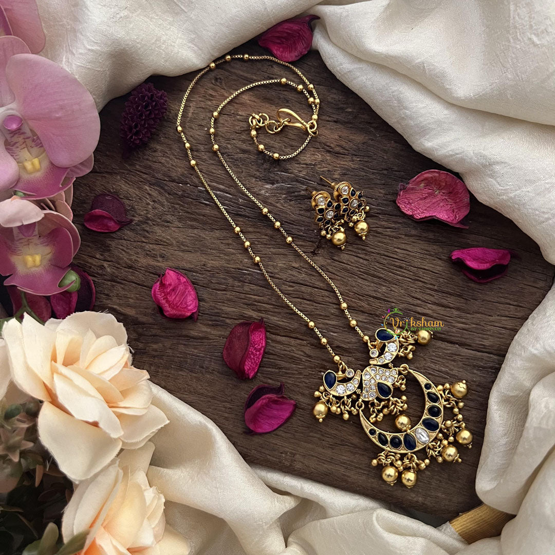 Vriksham Half Moon Pendant Chain-Golden Bead-Blue-G15665