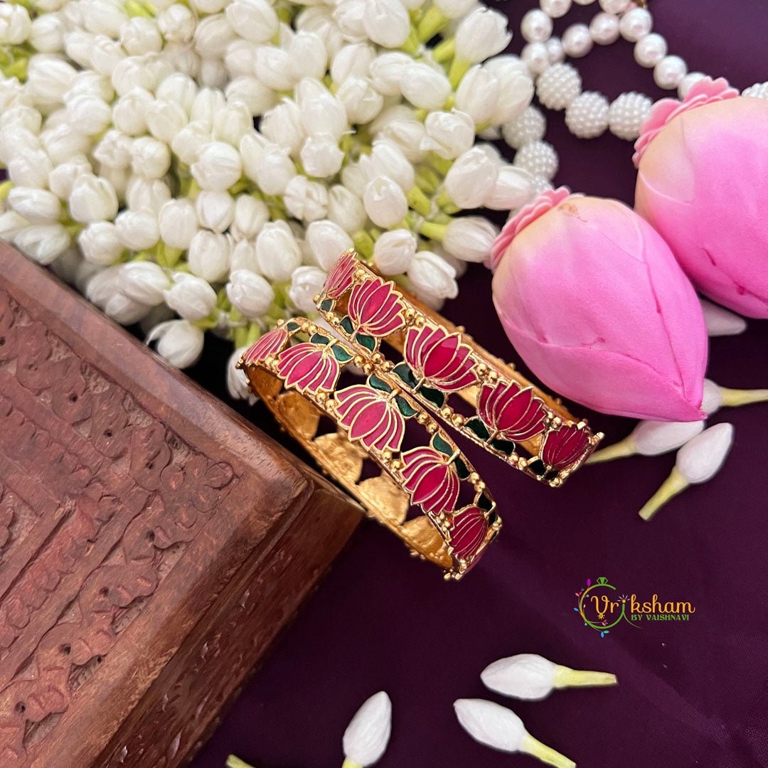 Vriksham Traditional Gold Bangles with Lotus Enamel Work Bangles-Red Green-G19926