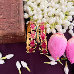 Vriksham Traditional Gold Bangles with Lotus Enamel Work Bangles-Red Green-G19926