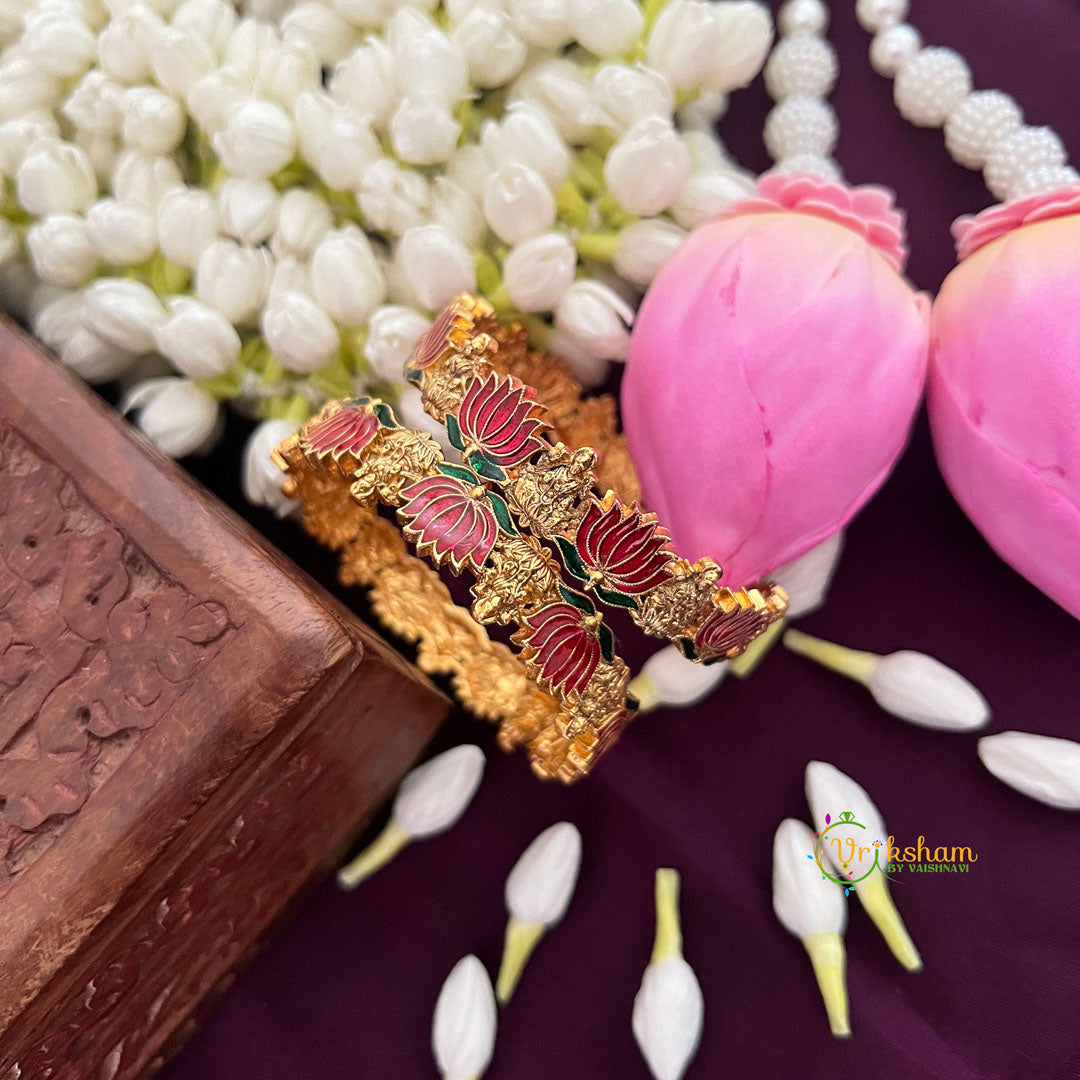 Vriksham Vibrant Red Lotus Motif Green Leaf & Gold Lakshmi Bangles-G20297