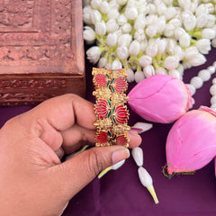 Vriksham Vibrant Red Lotus Motif Green Leaf & Gold Lakshmi Bangles-G20297