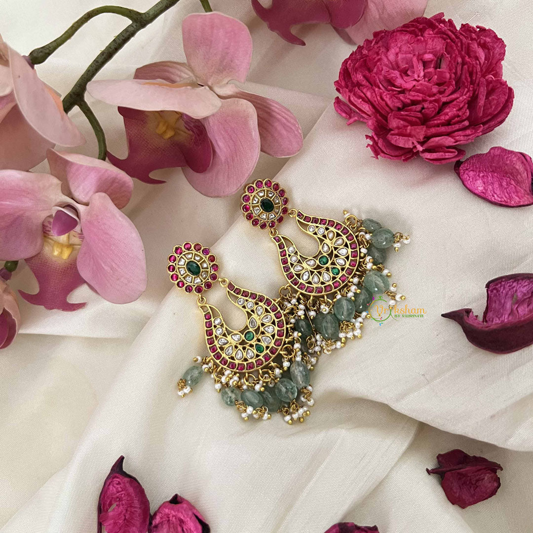 Vriksham Elegant Mughal-Inspired Kundan Jadau Earrings with Green Bead Danglers-J3628