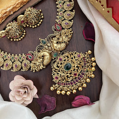 Vriksham Dual Peacock With Maanga Pendant Short Neckpiece-Red Green-Gold Bead-G17849