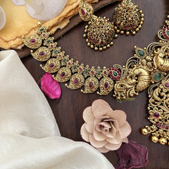 Vriksham Dual Peacock With Maanga Pendant Short Neckpiece-Red Green-Gold Bead-G17849