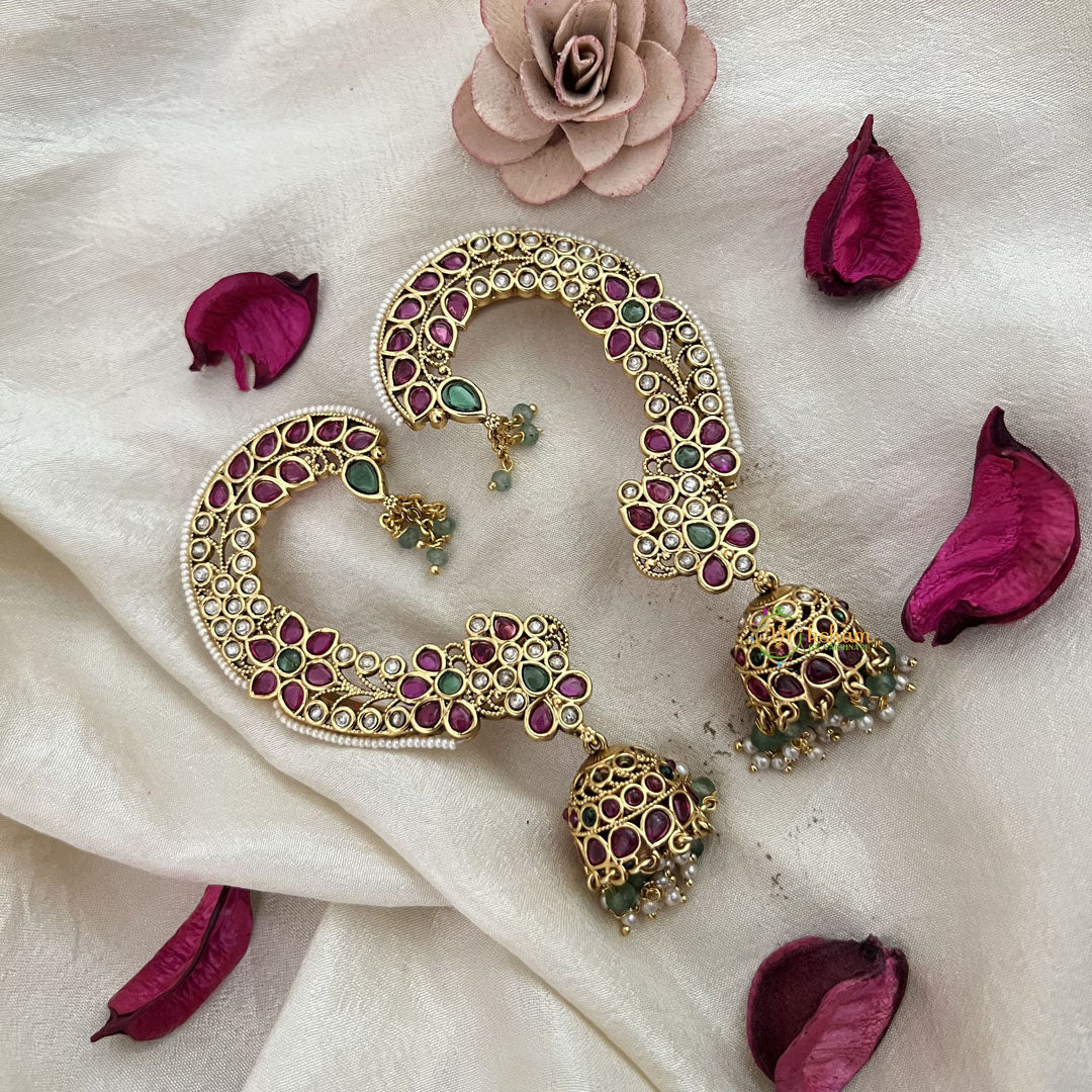 Vriksham Ethnic Indian Golden Finish Floral Ear cuff Jhumkas Earrings-Red Green-Pearl-G19218