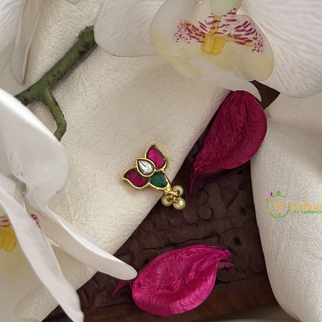 Vriksham Lotus Kundan Nath-Red White & Green-Pearls-J3034
