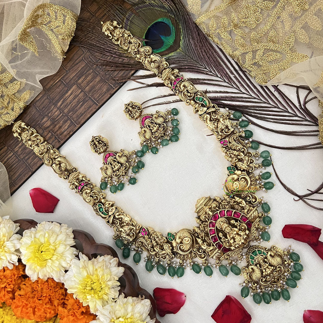 Vriksham Antique Lakshmi Pendant & Haathi Flower Haram-Green Bead-G19137