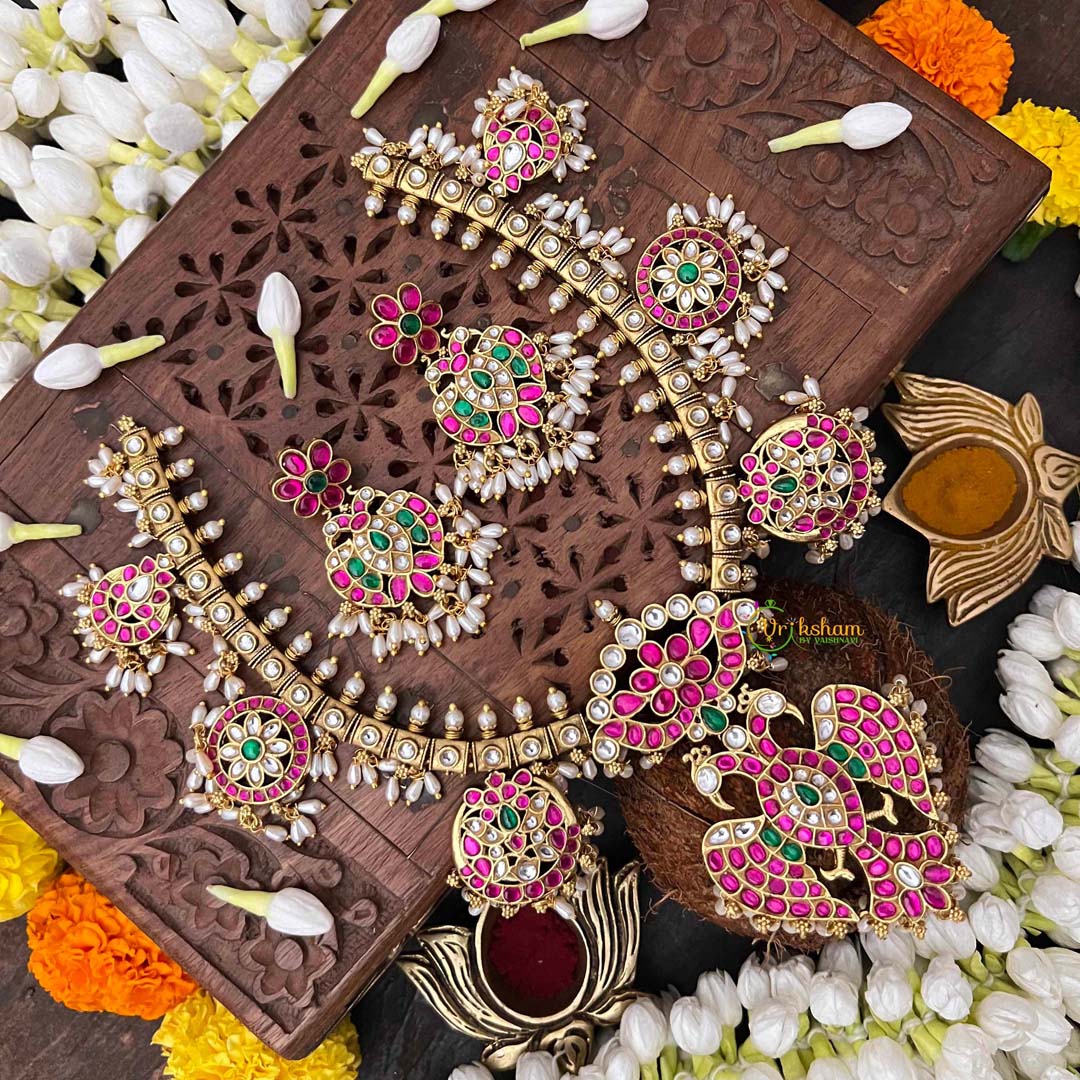 Vriksham Antique Nakshi Garudbenda Kundan Jadau Guttapusalu Short Neckpiece-Rice Pearls-J4114
