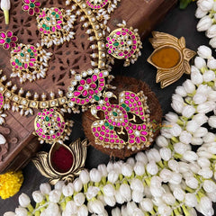 Vriksham Antique Nakshi Garudbenda Kundan Jadau Guttapusalu Short Neckpiece-Rice Pearls-J4114