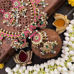 Vriksham  Antique Floral Gold With Mango Motifs & Pearl Kundan Jadau Guttapusalu Short Neckpiece-Green Bead & Rice Pearls-J4112