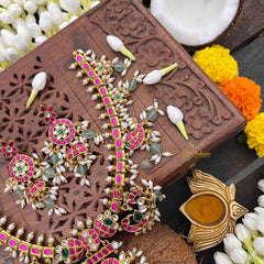 Vriksham  Antique Floral Gold With Mango Motifs & Pearl Kundan Jadau Guttapusalu Short Neckpiece-Green Bead & Rice Pearls-J4112