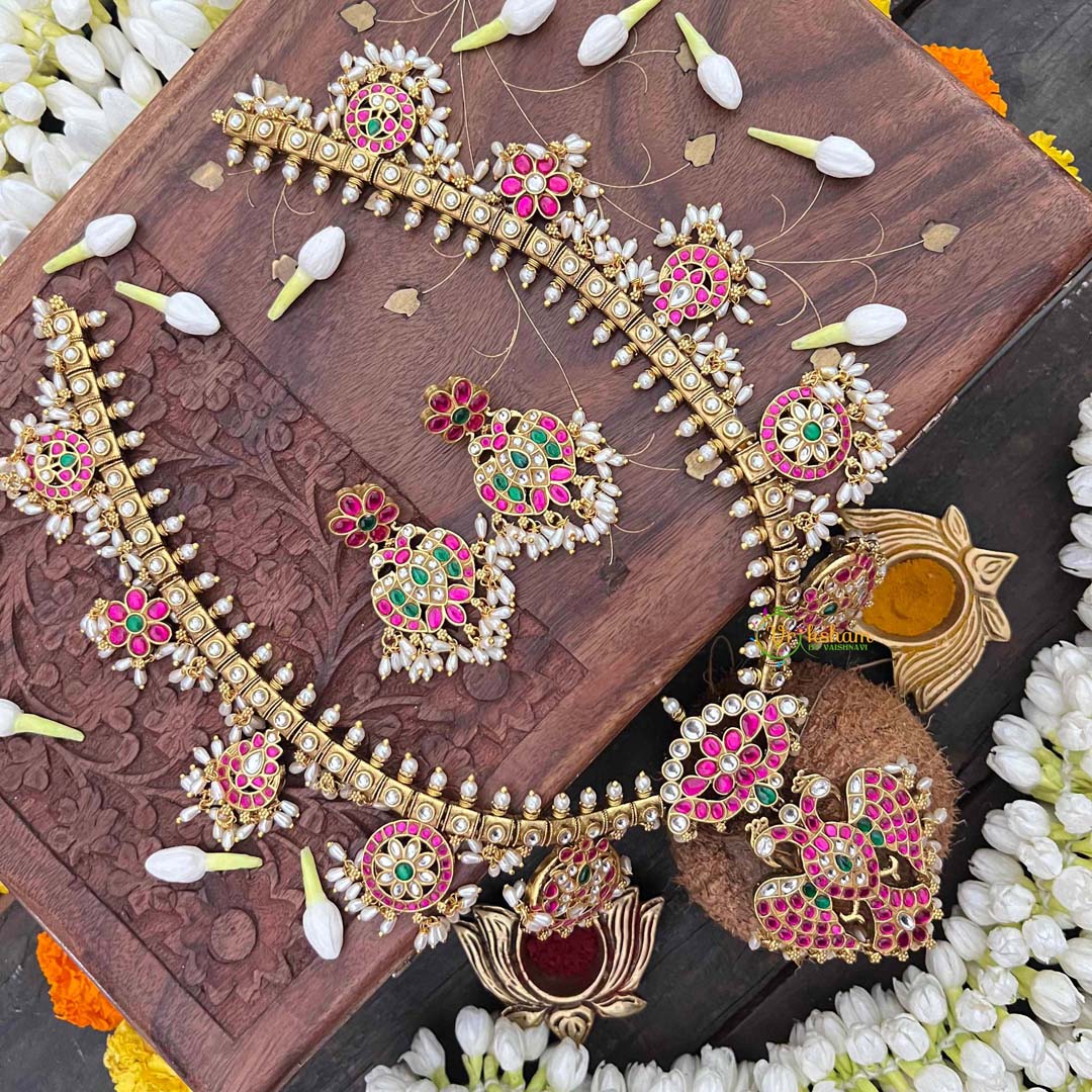 Vriksham Antique Nakshi Garudbenda Kundan Jadau Guttapusalu Long Neckpiece-Rice Pearls-J4110
