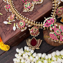 Vriksham Antique Nakshi Garudbenda Kundan Jadau Guttapusalu Long Neckpiece-Rice Pearls-J4110