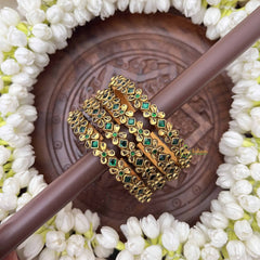 Vriksham Diagonal & Golden Touch  Style Dot Silk Thread Kundan Bangles-Green-G20830