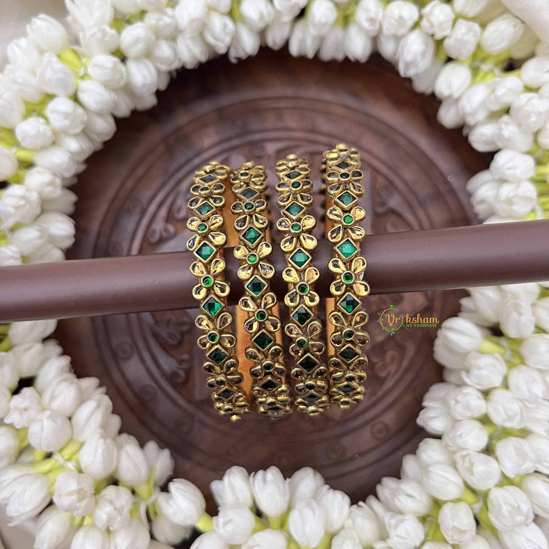 Vriksham Diagonal & Golden Touch  Style Dot Silk Thread Kundan Bangles-Green-G20830