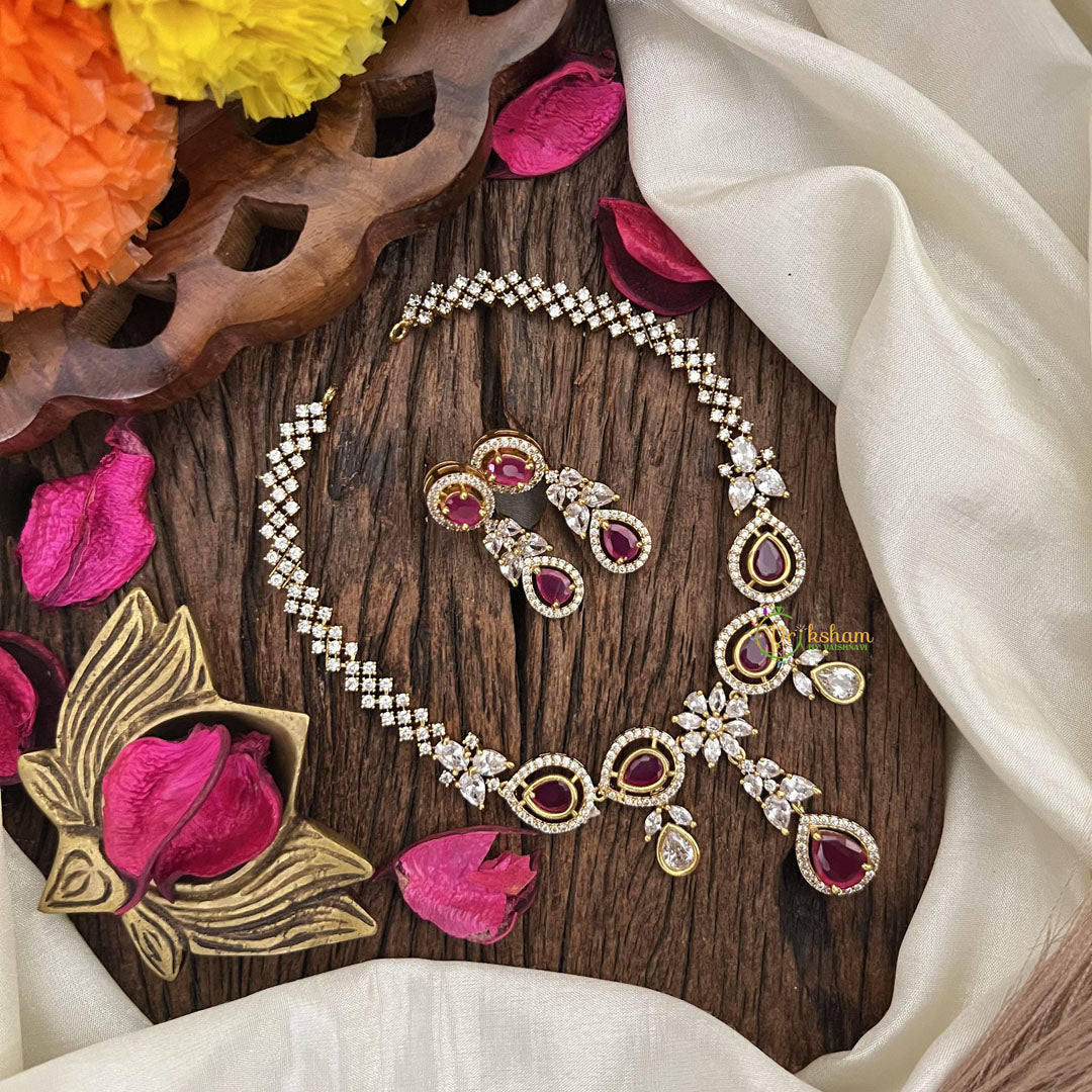 Vriksham Elegant AD Stone Tear Drop Short Neckpiece-Red-G17901