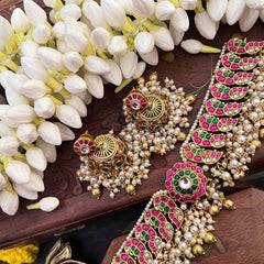 Vriksham Bridal Peacock Motif Cluster Choker Kundan Jadau Short Neckpiece-Red Green & White-Gold Bead & Pearls-J4116