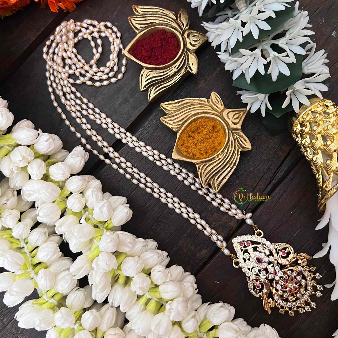 Vriksham AD Stone Dual Peacock Pendant 3 Layer Rice Pearl Mala-White Red-G18826