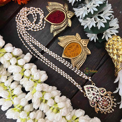 Vriksham AD Stone Dual Peacock Pendant 3 Layer Rice Pearl Mala-White Red-G18826