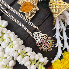 Vriksham AD Stone Dual Peacock Pendant 3 Layer Rice Pearl Mala-White Red-G18826