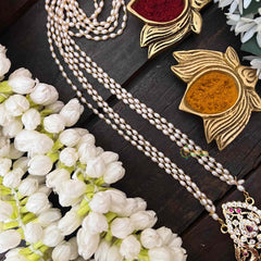 Vriksham AD Stone Dual Peacock Pendant 3 Layer Rice Pearl Mala-White Red-G18826
