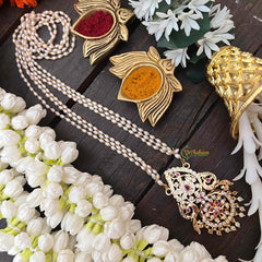 Vriksham AD Stone Dual Peacock Pendant 3 Layer Rice Pearl Mala-White Red-G18826