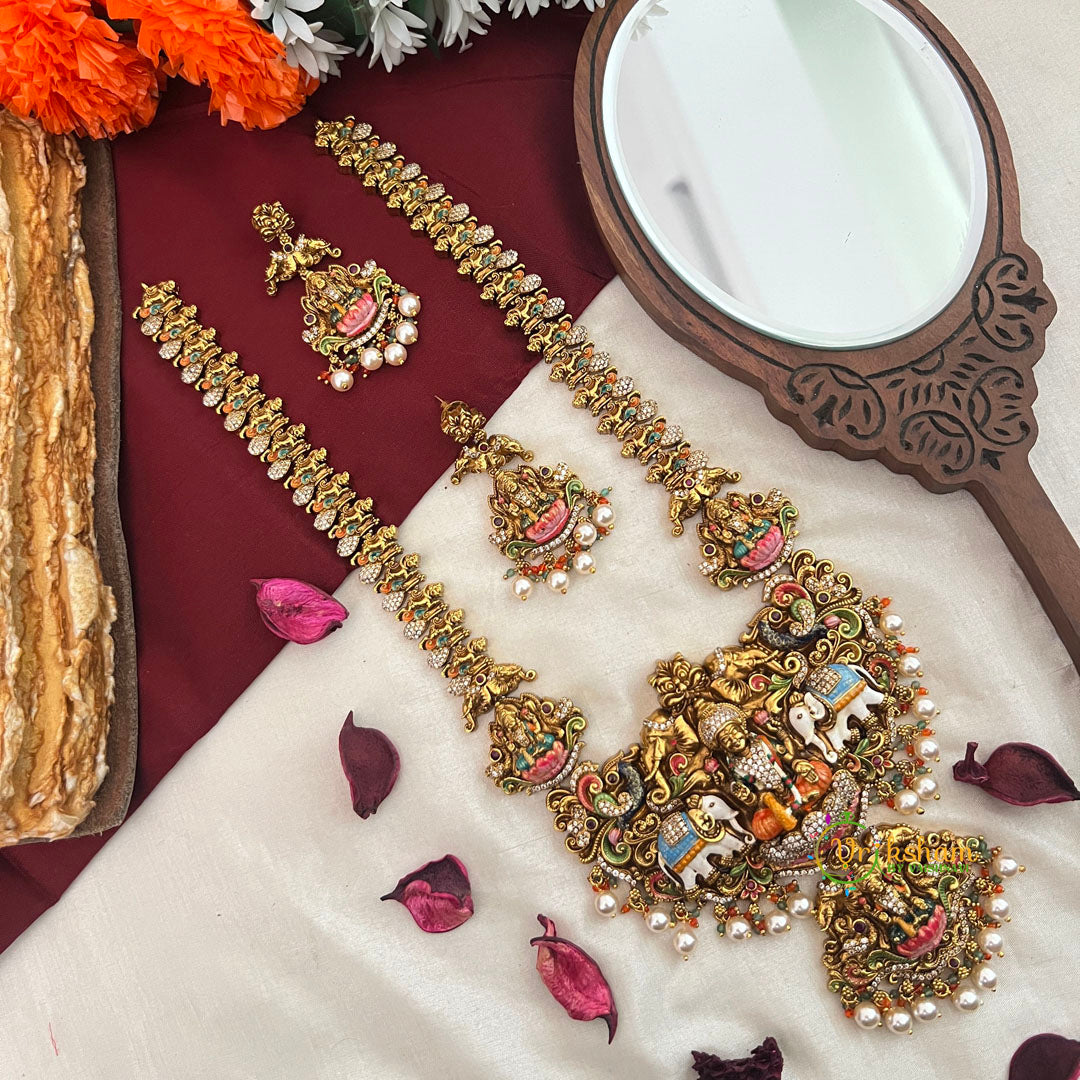 Dual Enamel Elephant Motifs & Gaj Lakshmi Temple Pendant Long Neckpiece-Pearls-Vriksham-G22791