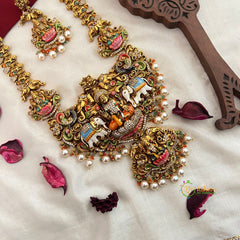 Dual Enamel Elephant Motifs & Gaj Lakshmi Temple Pendant Long Neckpiece-Pearls-Vriksham-G22791