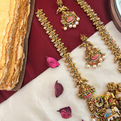 Dual Enamel Elephant Motifs & Gaj Lakshmi Temple Pendant Long Neckpiece-Pearls-Vriksham-G22791