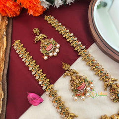 Dual Enamel Elephant Motifs & Gaj Lakshmi Temple Pendant Long Neckpiece-Pearls-Vriksham-G22791