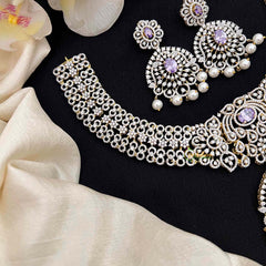 Vriksham Elegant Purple Accents American Diamond With Oversized Chandbali Pendant & Pearl Accents Short Neckpiece-G21560