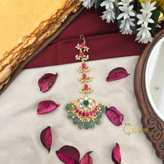 Half Moon With Floral Kundan Jadau Tikka-Green Bead & Pearls-Vriksham-J4344