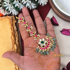 Half Moon With Floral Kundan Jadau Tikka-Green Bead & Pearls-Vriksham-J4344