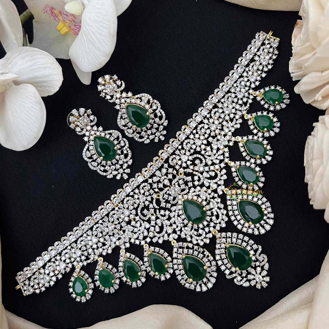Vriksham Radiant American Diamond V-Shape Choker with Emerald Teardrop Fringe Choker Neckpiec-G21547