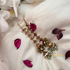 Lotus Floral With Pearls Jhumka Earrings-Green Bead-Vriksham-G22544