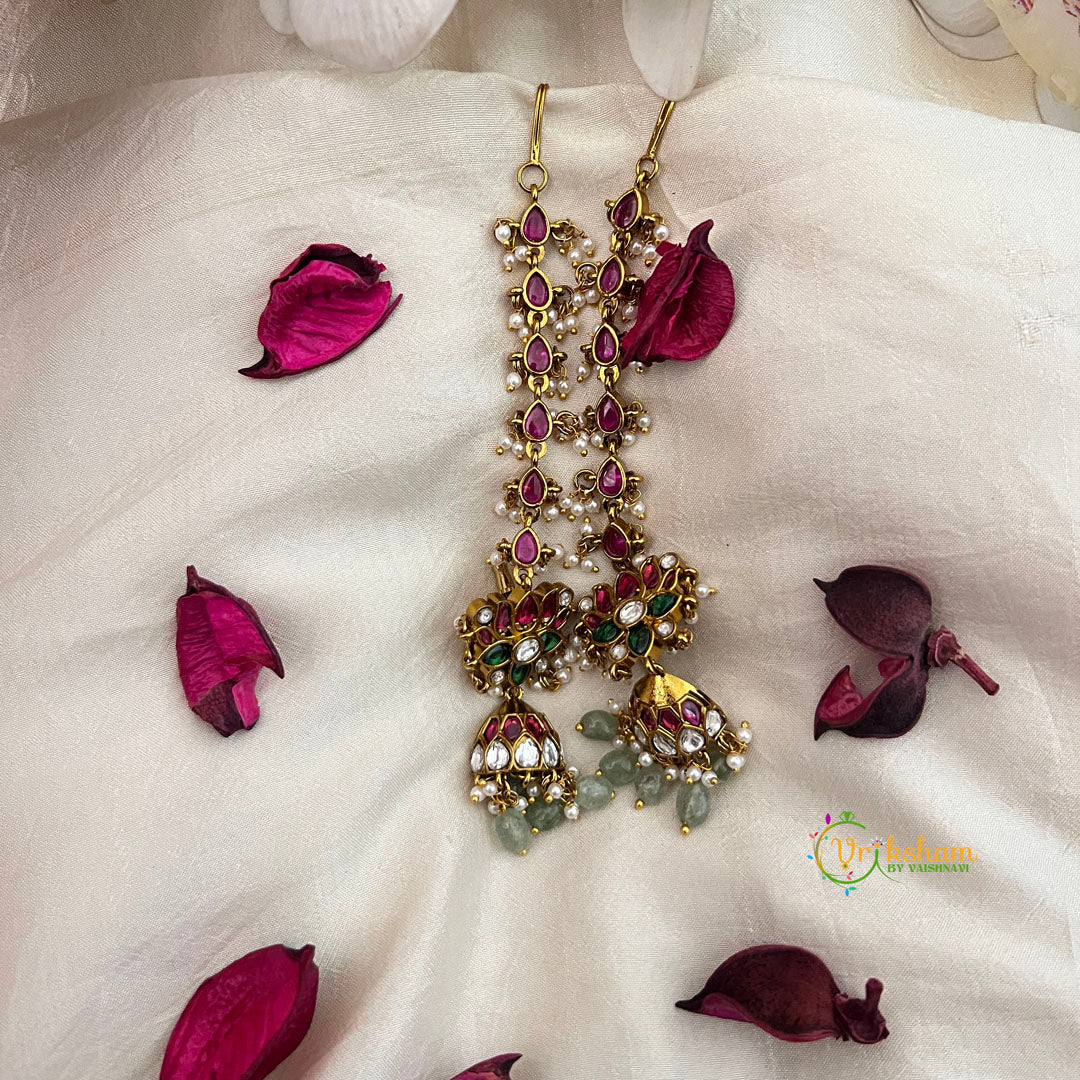 Lotus Floral With Pearls Jhumka Earrings-Green Bead-Vriksham-G22544