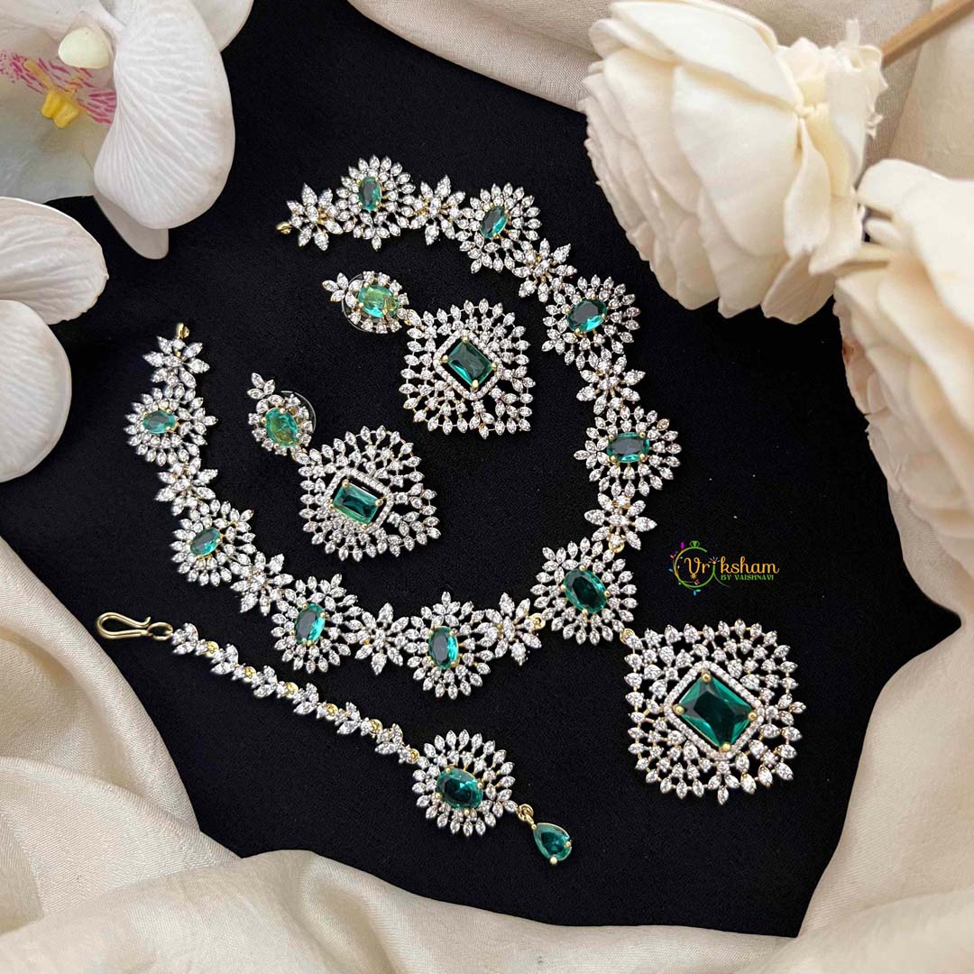 Vriksham Lavish Aqua Green Stone & American Diamond 3-Piece Set With Rectangular Statement Pendant Short Neckpiece-G21577