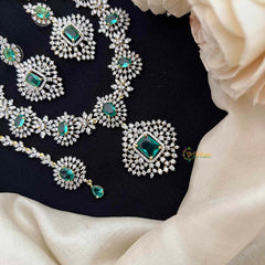 Vriksham Lavish Aqua Green Stone & American Diamond 3-Piece Set With Rectangular Statement Pendant Short Neckpiece-G21577