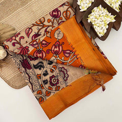 Vriksham Cream With Terracotta Red & Orange Florals Printed With Golden Zari Nizam Border Kalamkari Saree-VS5006