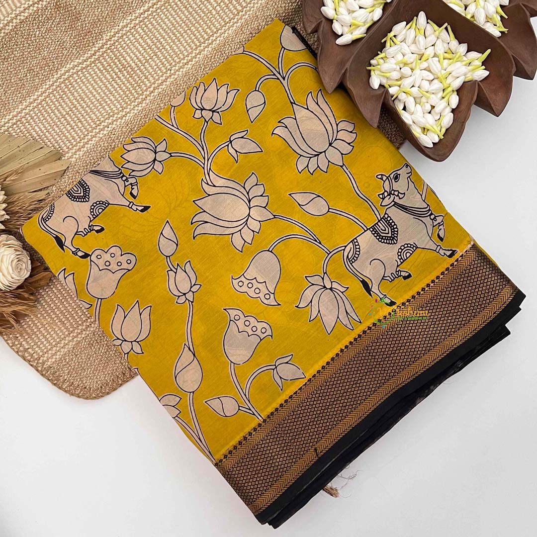Vriksham Mustard Yellow Pichwai & Lotus Bloom Printed With Golden Zari Nizam Border Kalamkari Saree-VS4999
