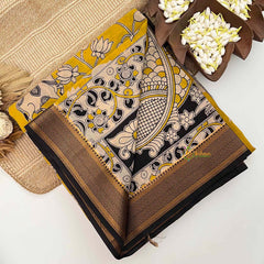 Vriksham Mustard Yellow Pichwai & Lotus Bloom Printed With Golden Zari Nizam Border Kalamkari Saree-VS4999