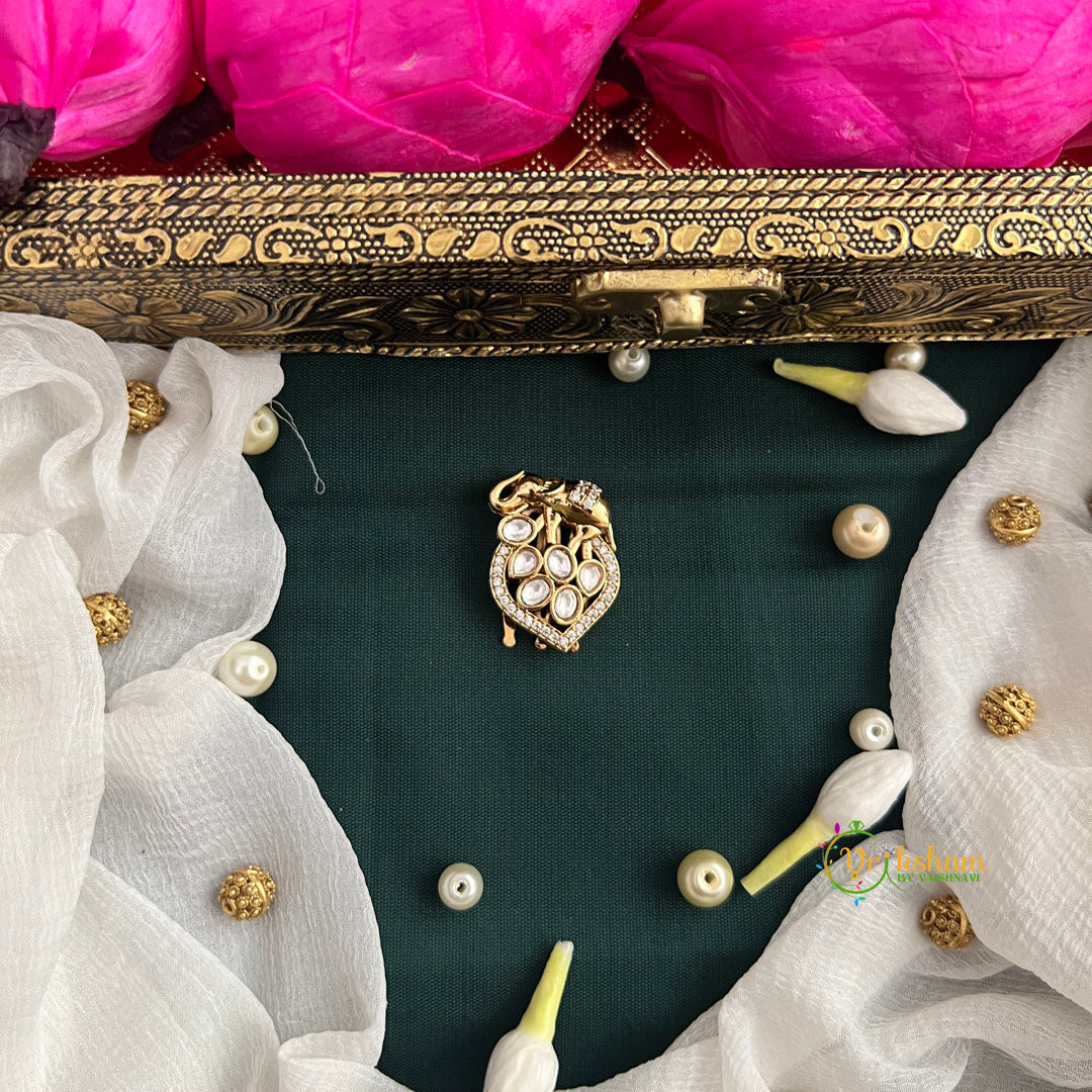 Elephant With Leaf Style Shape AD Stone Kundan Jad Billai-Leaf Side-Vriksham-G22779