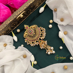 Dual Elephant Matte Gold Red Green Stone With & Jhumka Pearls Drop Jad Billai-Vriksham-G22790
