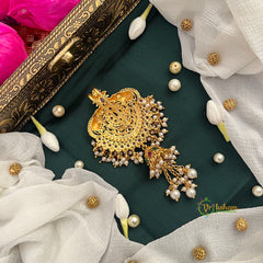 Dual Elephant Matte Gold Red Green Stone With & Jhumka Pearls Drop Jad Billai-Vriksham-G22790